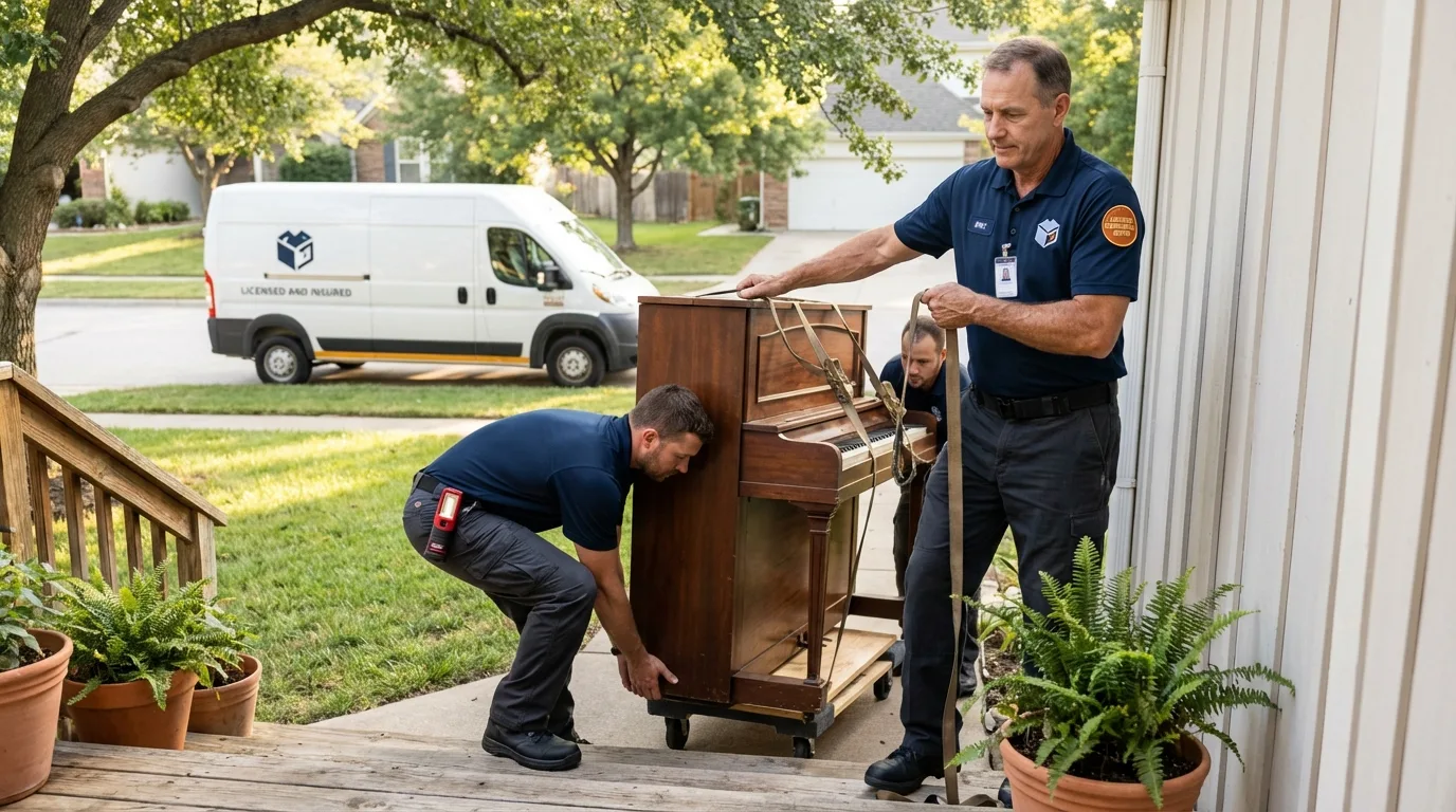Licensed piano movers securing grand piano in Pipestone, MN